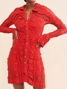 NEW Free People Shayla Lace Mini Dress Women L Sheer Bell Sleeve Boho Whimsigoth